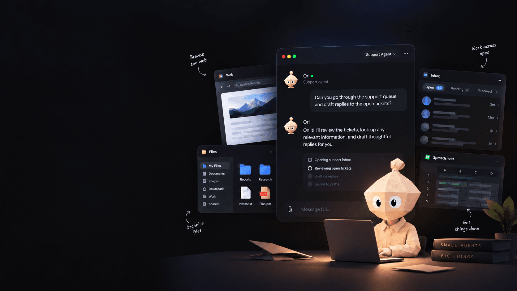 An Origami agent at its own computer — chatting, browsing the web, organising files, and working across an inbox and spreadsheet.
